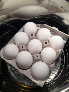 Eggs in their cardboard carton, sitting on a rack in the pressure cooker.
